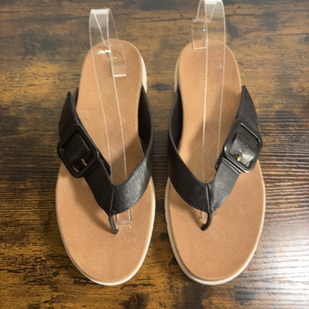 Vionic Uptown Marin Flip Flop Womens Sz 10.5 Black Leather Cushioned‎ Hook Loop